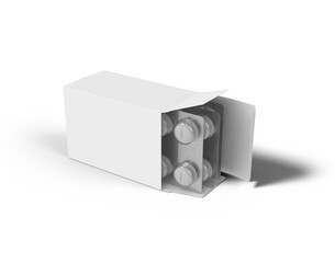 Fototapeta premium Pills Box Mock up On Isolated White Background, Package blister with round medicines pills on white background. Mock up template. 3D rendering 3D illustration