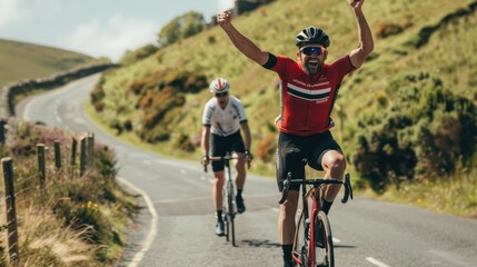 Fototapeta premium The cyclist celebrating victory