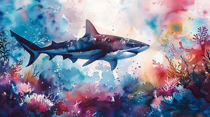 Fototapeta premium A mystical watercolor painting of a shark, its silhouette filled with a colorful coral reef, soft washes of blue and pink, with a gentle current flowing through the reef,