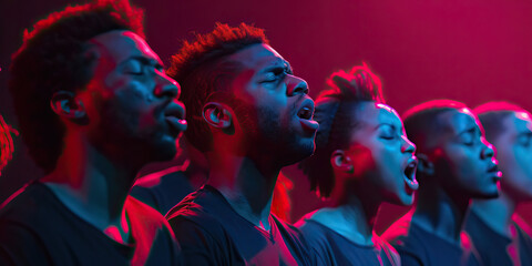 Voices United in Song: An a cappella group of African American men and women, arms around each other's shoulders, singing with passion and unity.