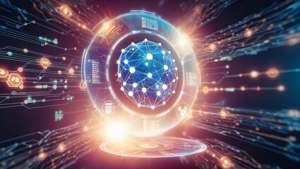 Obraz premium Vibrant depiction of a network sphere with interconnected nodes, highlighting the theme of global connectivity and technological advancement.