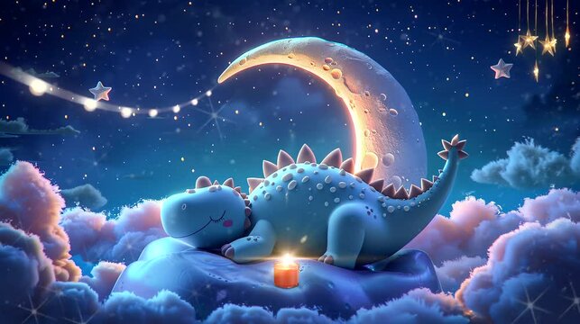 Dinosaurs sleeping on crescent moon with stars in night sky. Seamless looping time-lapse 4k video animation background
