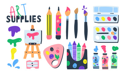 art supplies. Artist's painting supplies hand drawn clip art set. Watercolor palettes, brushes, wooden palette and easel, tubes with acrylic paint, paint palette. vector illustration