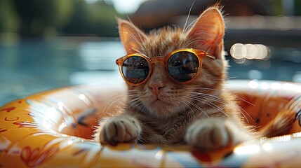 That cute orange cat wearing sunglasses. The cat is relaxing in a pool ring, floating in a swimming pool with mild blue water, on a hot summer day.