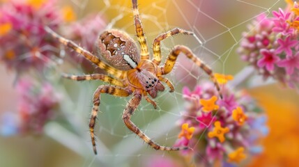 Close-up of a spider weaving a web between flowers