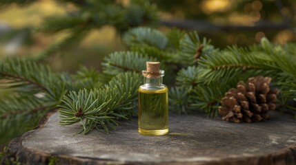 Close-Up of Essential Pine Oil in Glass Bottle