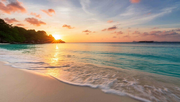 The image features a serene sunset over a beach, with the sun setting behind the horizon, casting a warm glow over the sea, sand, and sky Tags include beach, ocean, sunset, sand, sun, sky, and paradis