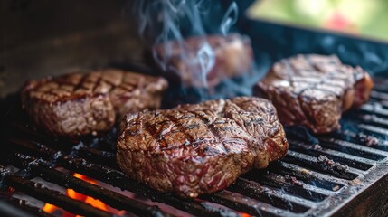 Juicy Steaks Sizzling on a BBQ Grill