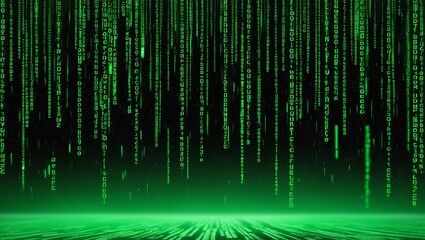 Digital background with falling green code, resembling the Matrix movie, symbolizing data, programming, and cyber technology in a classic visual style.