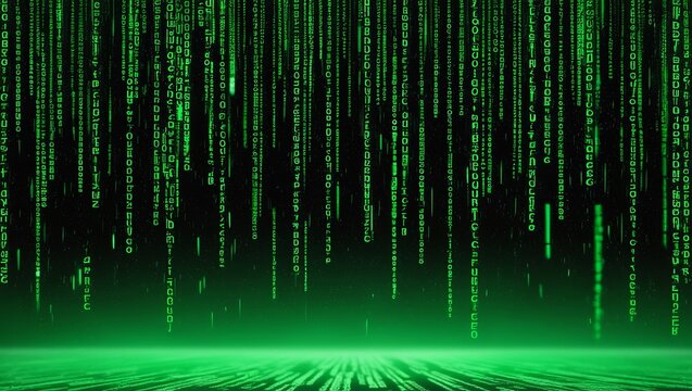 Digital background with falling green code, resembling the Matrix movie, symbolizing data, programming, and cyber technology in a classic visual style.