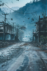 A desolate street with damaged buildings and debris after a disaster, evoking a post-apocalyptic scene.