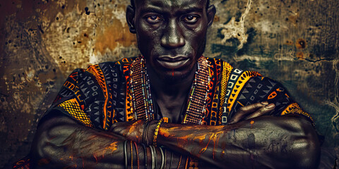 Legacy of Strength: A close-up portrait of a serious-looking black man with his arms crossed, wearing traditional African attire