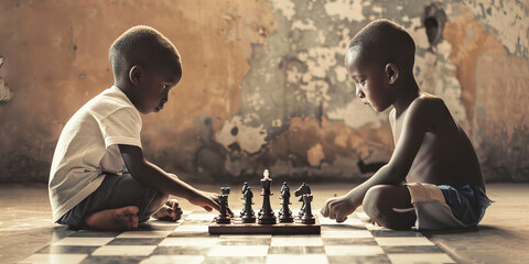 Timeless Chess Strategy: Two young black boys sitting on the floor, deeply engrossed in a game of chess, concentrating intently on their next moves