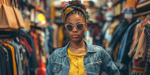 Obraz premium Strong and Stylish: A fashionable black woman showing off her outfit in a trendy boutique