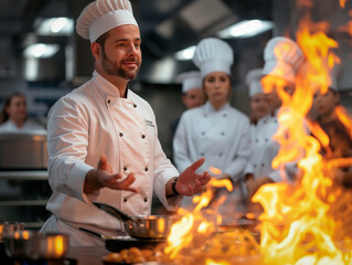 A culinary professional showing a cooking method to learners