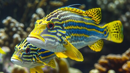 Obraz premium Small fish, called cleaner wrasses, help bigger fish, like oriental sweetlips, by eating parasites off their bodies. This helps the bigger fish stay healthy and free from disease.