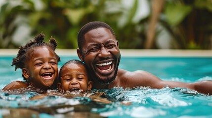 Father and Children Playing in Refreshing Pool