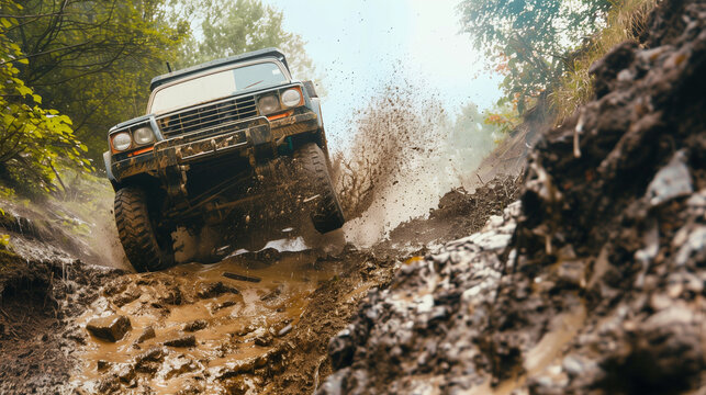 The gripping action shot shows the rugged 4x4 on an off-road adventure, climbing a steep and muddy hill.