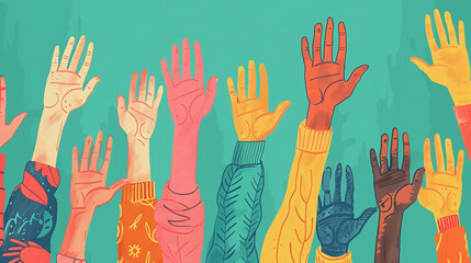 The drawing showing diverse, colorful hands raised in the air reflects the values ​​of unity, participation and diversity in a multicultural society.
