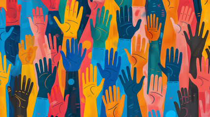 The drawing showing diverse, colorful hands raised in the air reflects the values ​​of unity, participation and diversity in a multicultural society.
