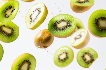 Fototapeta premium Fresh Kiwi Halves Suspended in Air