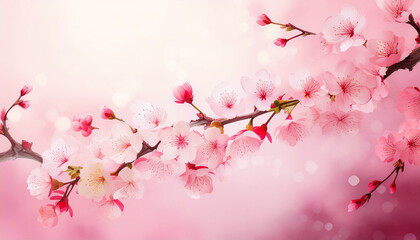 Branches of cherry blossoms hang on a pink background, space for text