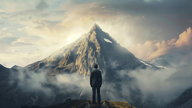 A businessman dressed in a suit stands at the foot of a mountain, which symbolizes serious challenges and obstacles in his career path.