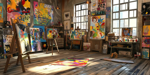 Artistic Inspiration: A Black artist's studio, with colorful paints, brushes and canvases scattered around