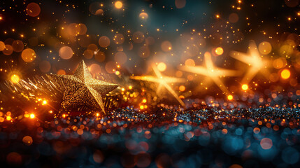 Naklejka premium New year golden stars and shiny. Christmas golden light glitter particles bokeh dark blue background