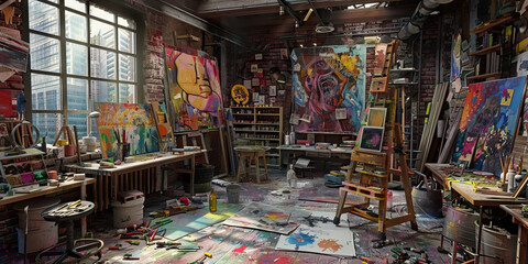 Artistic Inspiration: A Black artist's studio, with colorful paints, brushes and canvases scattered around