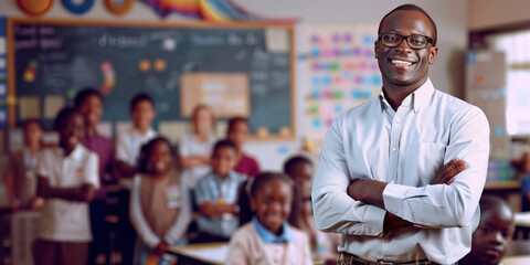 Fototapeta premium Educator's Impact: A Black teacher standing in front of a classroom, with smiling students of various ages