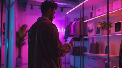 Obraz premium Man using smartphone in trendy clothing store with vibrant neon lighting
