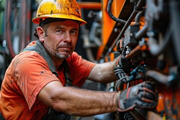 A man in a yellow hard hat is working on a machine