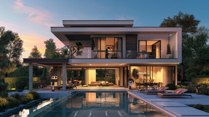 Obraz premium Modern luxury villa with pool at sunset