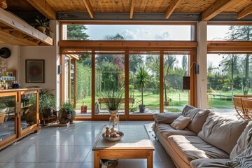 Eco-friendly House Interior with Natural Materials, Spacious Living Room Overlooking a Lush Garden, Sustainable Design