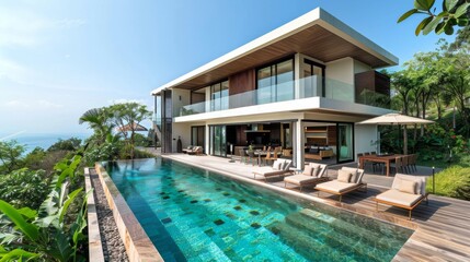 Fototapeta premium Luxury Modern Villa with Pool Overlooking Ocean
