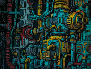 Obraz premium Colorful industrial machinery with pipes and gears