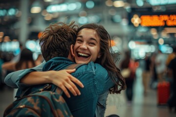 A heartwarming moment captures two people reuniting with a big, joyful hug amidst the busy and energetic atmosphere of an airport terminal full of travelers.