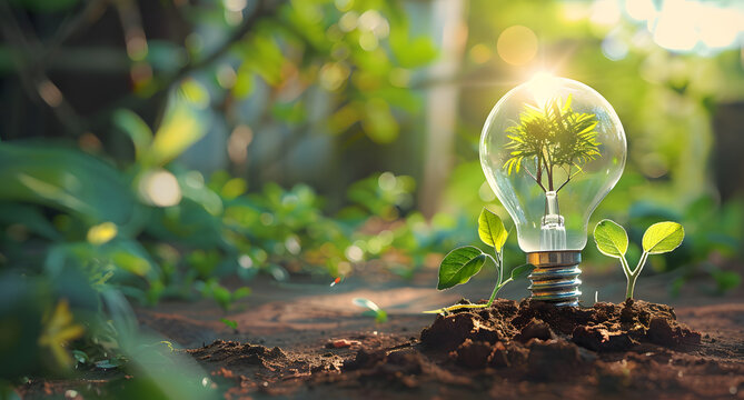 tree growing on light bulb with sunshine in nature and small plants growth stepe. saving energy and eco concept