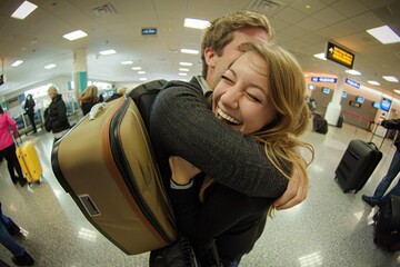 A moment of joy captured at an airport where two people greet each other with a tight hug, a suitcase visible in the background, symbolizing the journey and emotions of reunions.