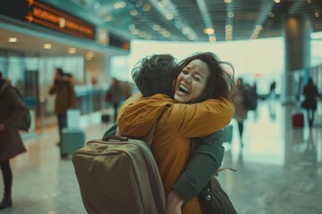 Captured is a warm hug between two individuals at a lively airport terminal, surrounded by suitcases and travelers, symbolizing the warmth of reunions and farewells.