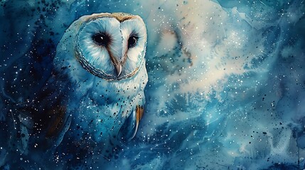 Fototapeta premium An enchanting watercolor painting of an owl, the starry night sky blending into its feathers, soft blues and whites, with constellations and moonlight creating a mystical and serene mood.