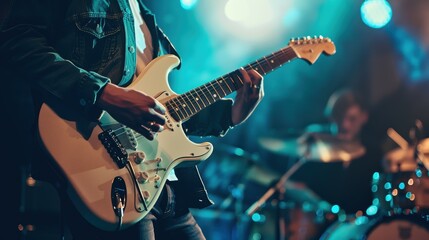 Obraz premium Musician performs on stage with a white electric guitar under blue stage lights