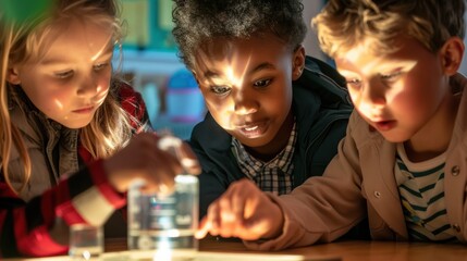 Three young students focused on a water and light science experiment, learning about the principles of optics