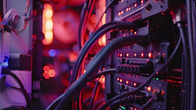 A closeup of a computer tower with cables and wires plugged in.