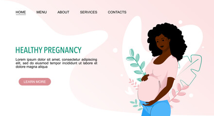 Healthy Pregnancy landing web page template with pregnant african american woman on floral background
