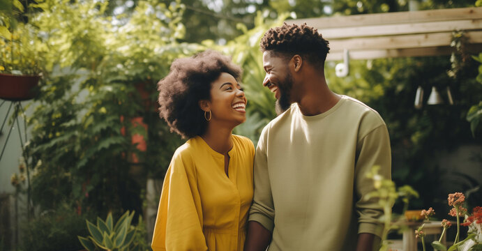 Portrait happy smiling multiethnic young couple owners in summer backyard of their own country house