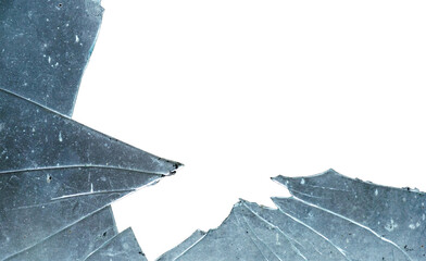 Broken glass on white background. Shattered glass shards, broken window, isolated on white...