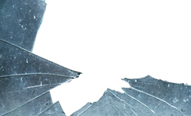 Broken glass on white background. Shattered glass shards, broken window, isolated on white background, sharp, broken, cracks on glass. Broken glass texture, isolated cracks on white background.