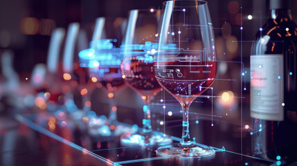 Digital interface analyzing red wine in glasses at a modern restaurant bar counter